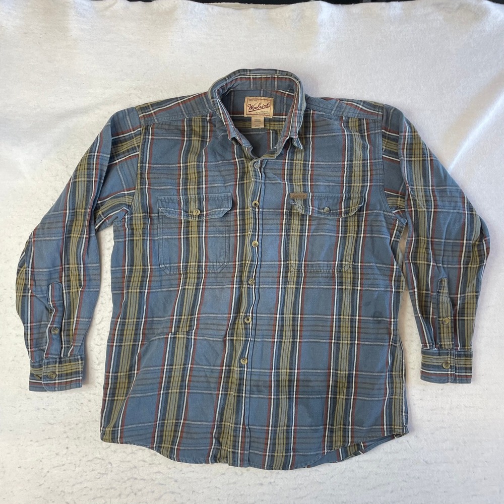 Woolrich Flannel Shirt Mens Large Blue Plaid Long Sleeve Cotton Outdoor